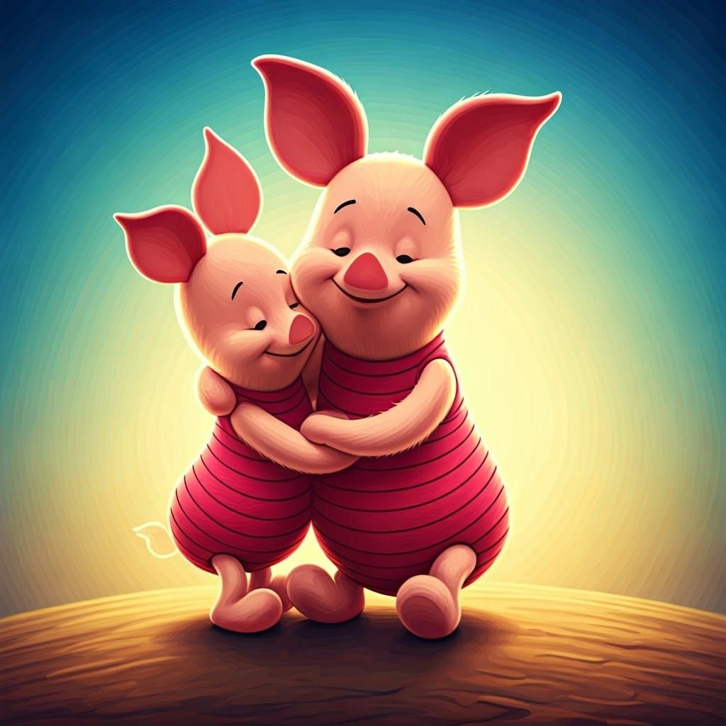 Adorable Piglet Cradling Sister: 3D Animated Style