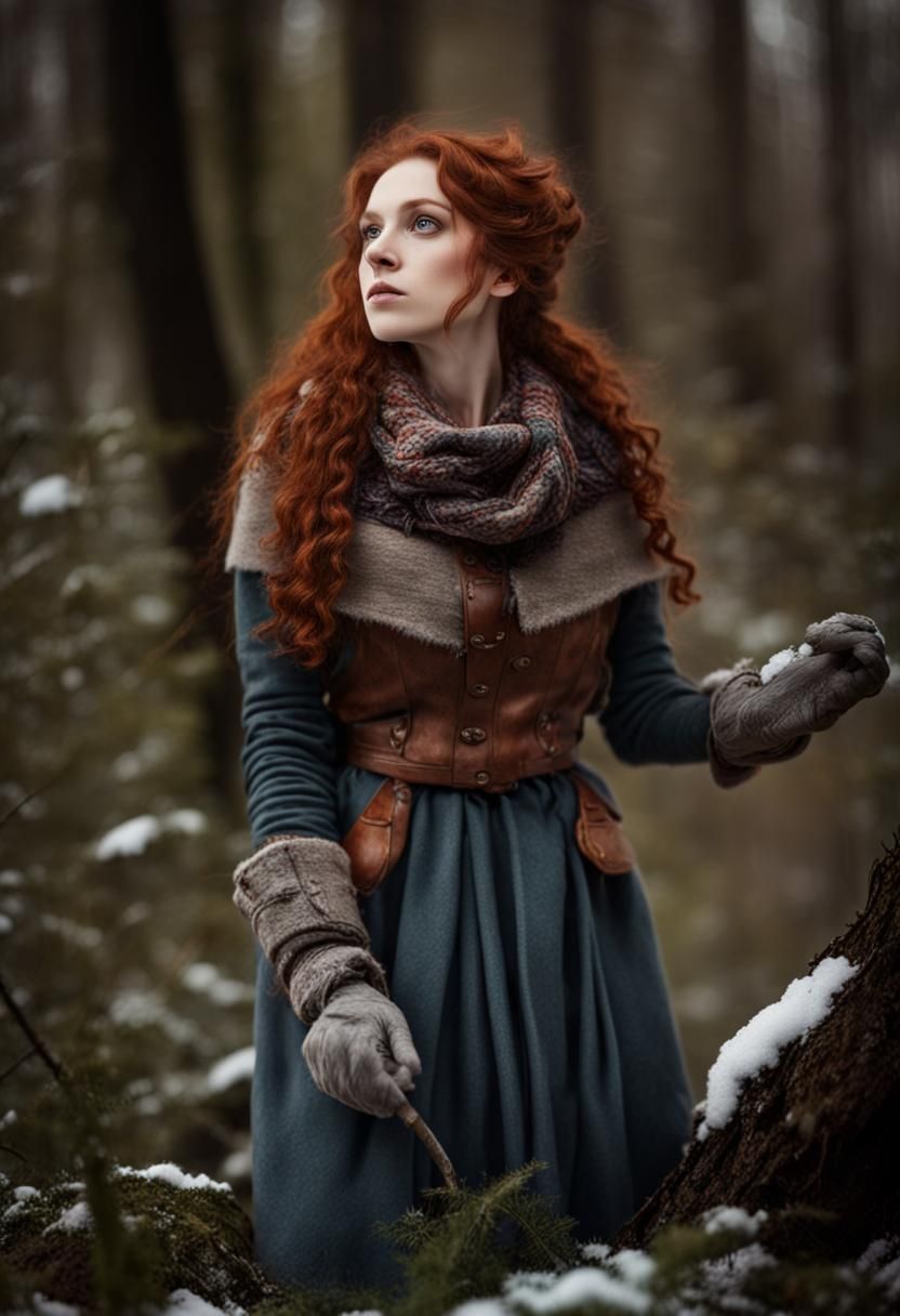 Halfling Woman Foraging in Winter Forest
