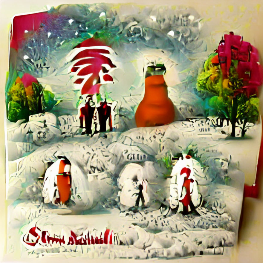 Christmas Card Scene: Snowman, Santa, and Christmas Tree