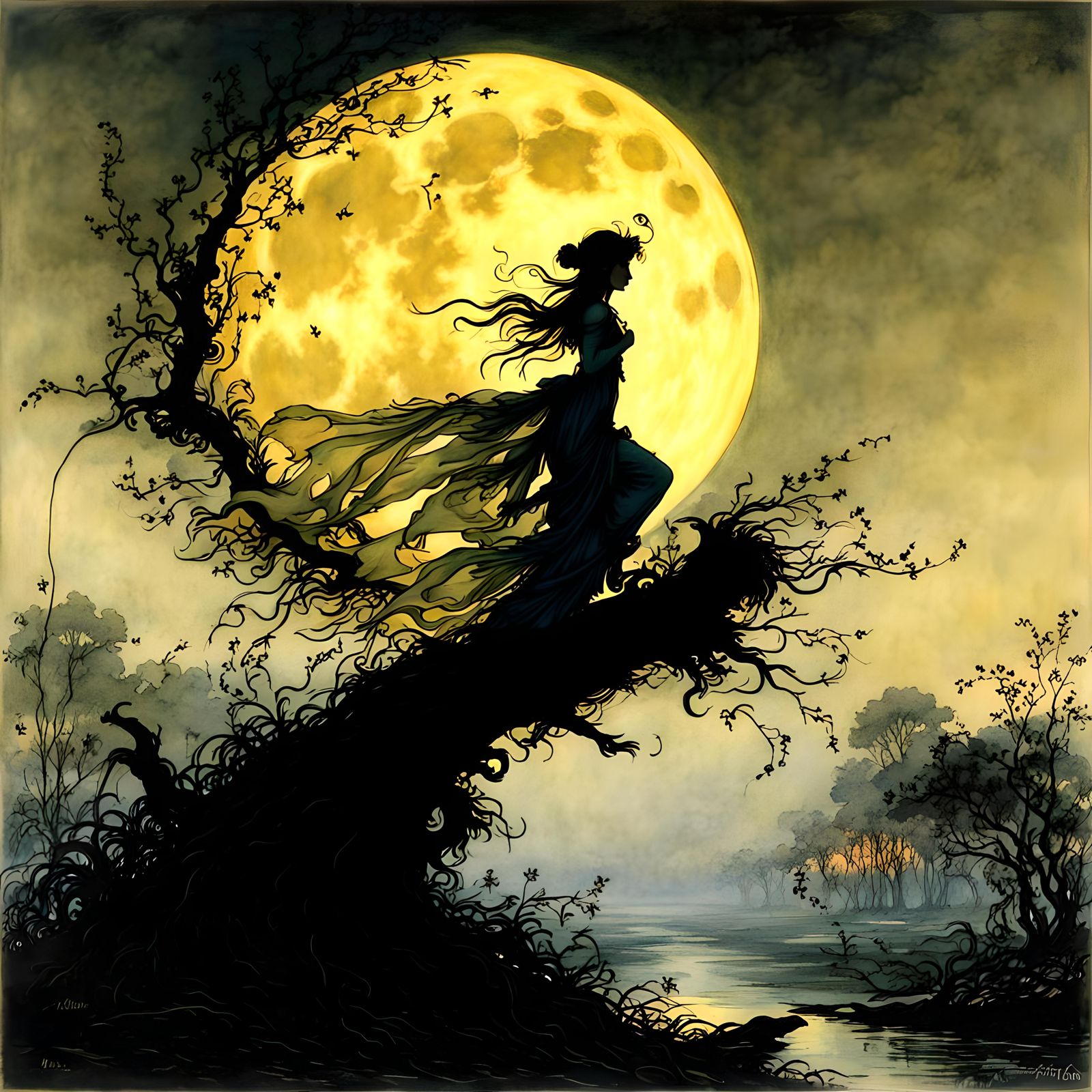 Exquisite fantasy fairy harvest moon, neon silhouette, by Ar...