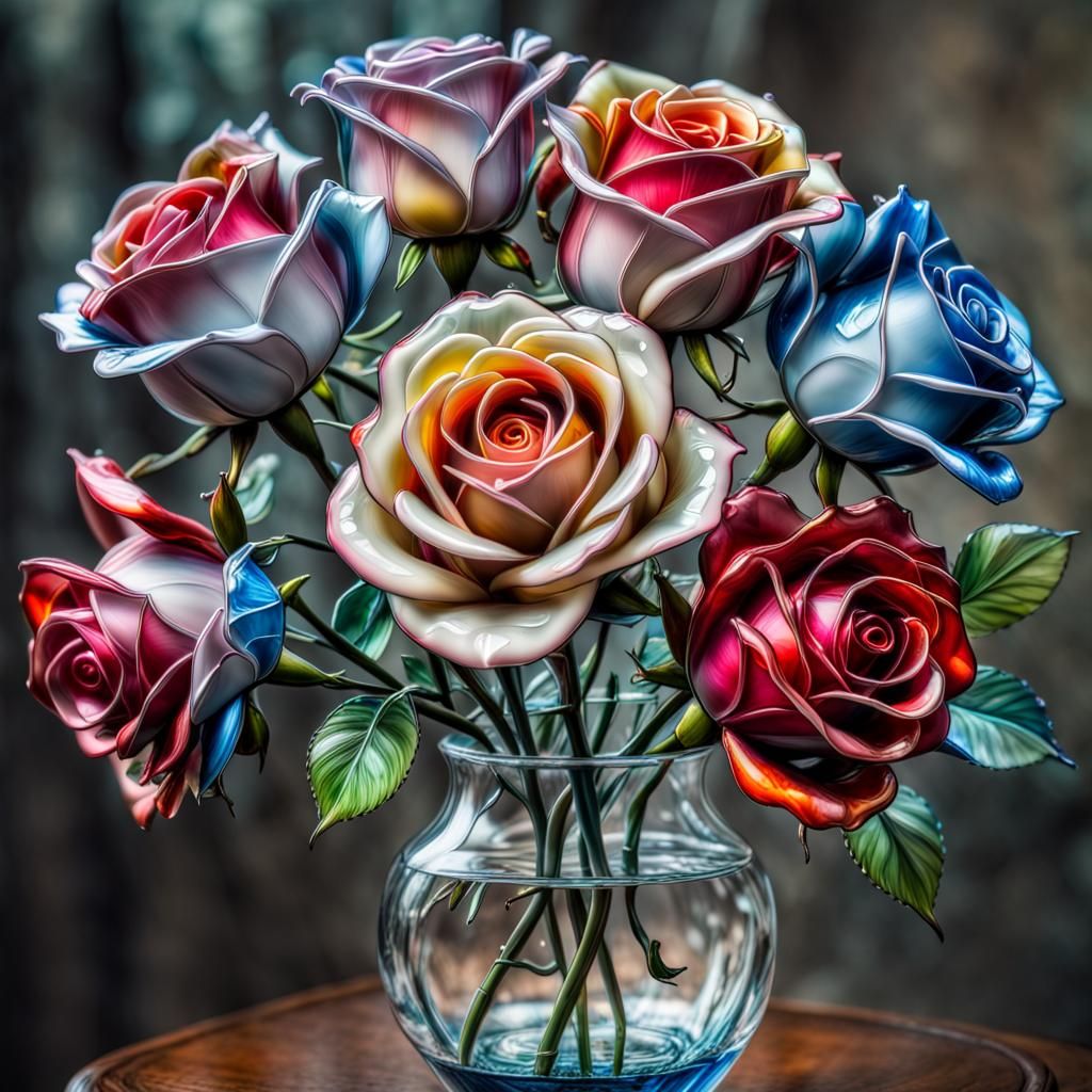 Enamel Painted Glass Roses in Hyperrealistic Style