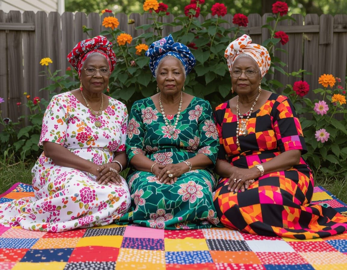 Black Women in Quilt Collage, Folk Art Style