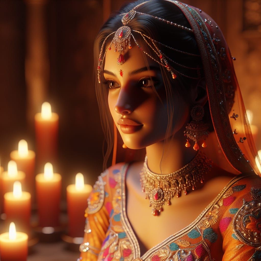Close up of a Disney Pixar style 3D gorgeous Indian woman, dressed in traditional Indian clothing with brilliant colors....