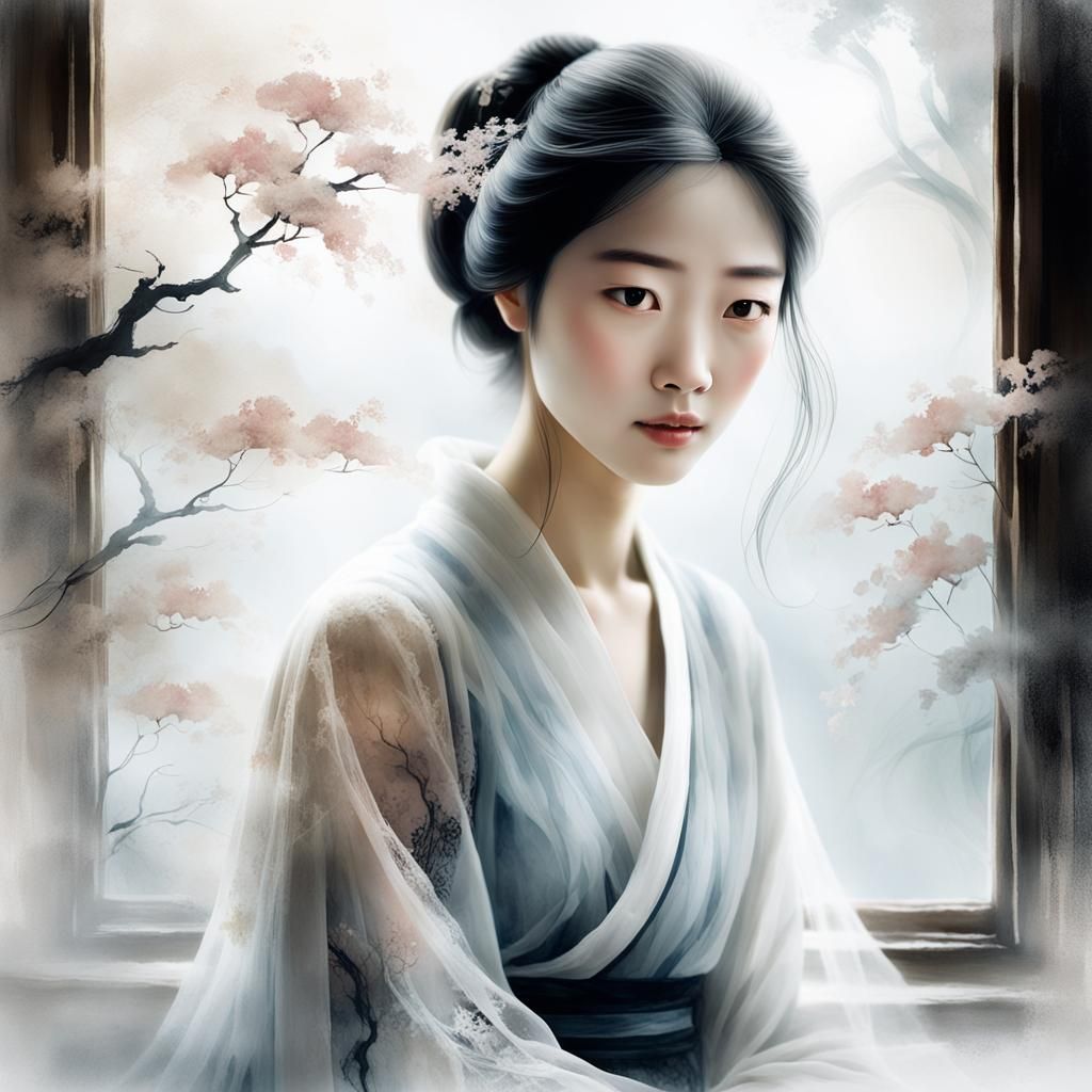 Dreamy Woman at Window in Ink Painting Style