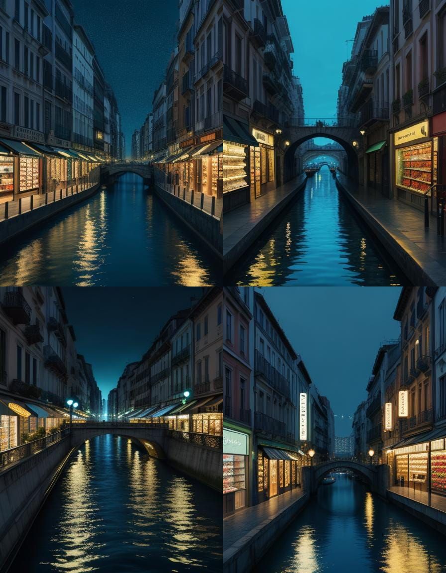 Night City Street Reflecting Lights, Pointillism Art