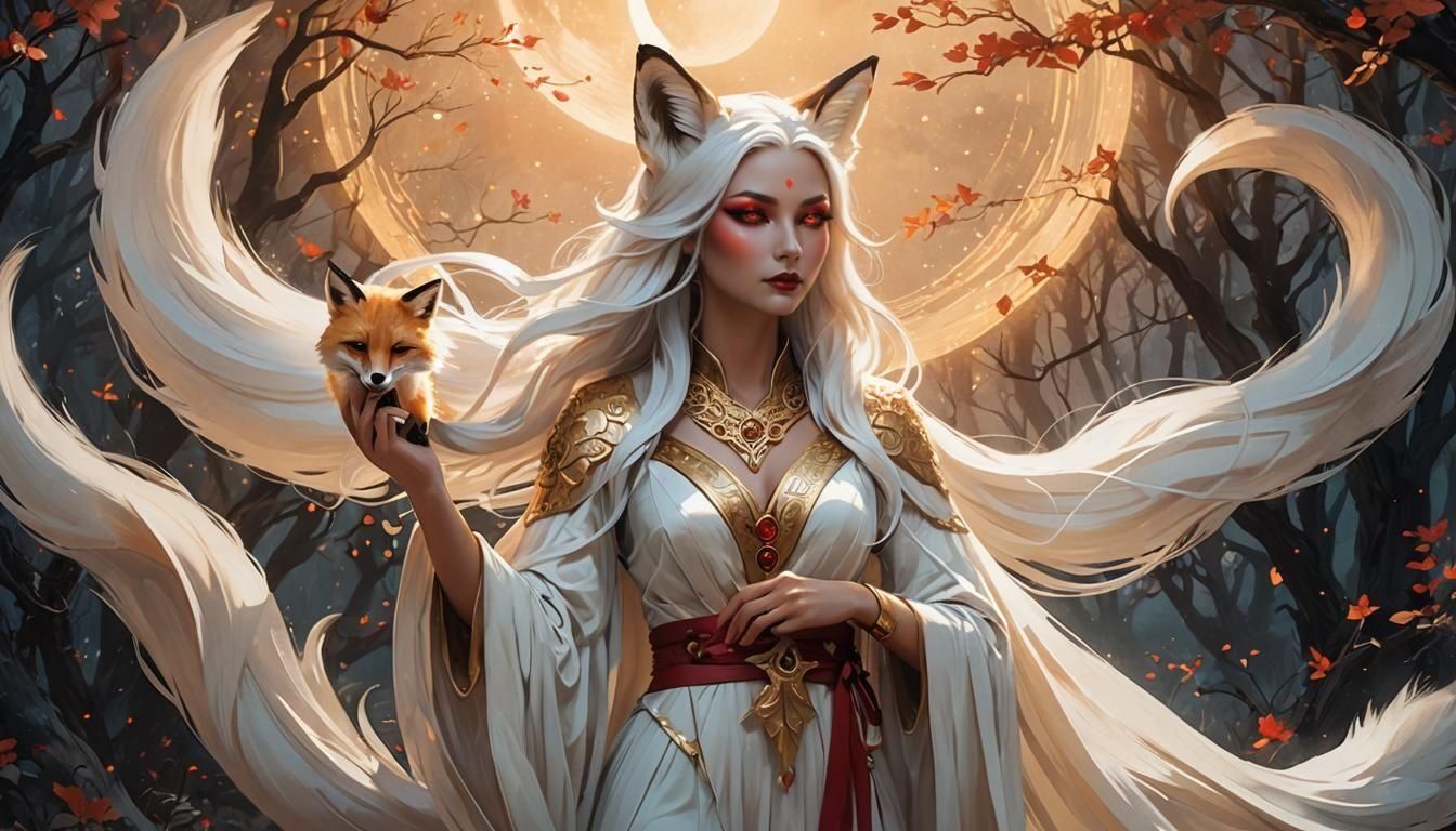 Fox Goddess with Nine Tails in Moonlight