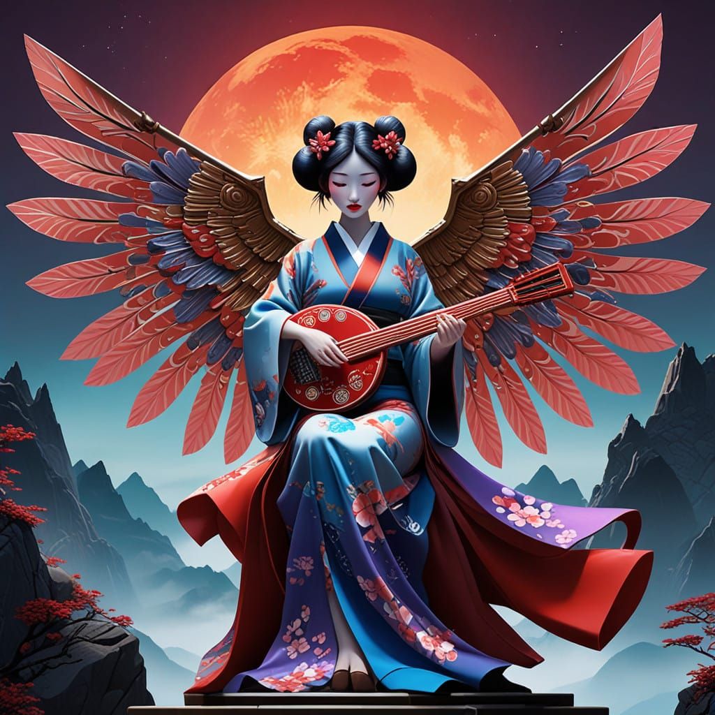 Ethereal Geisha Angel in Cosmic Landscape with Vibrant Red M...