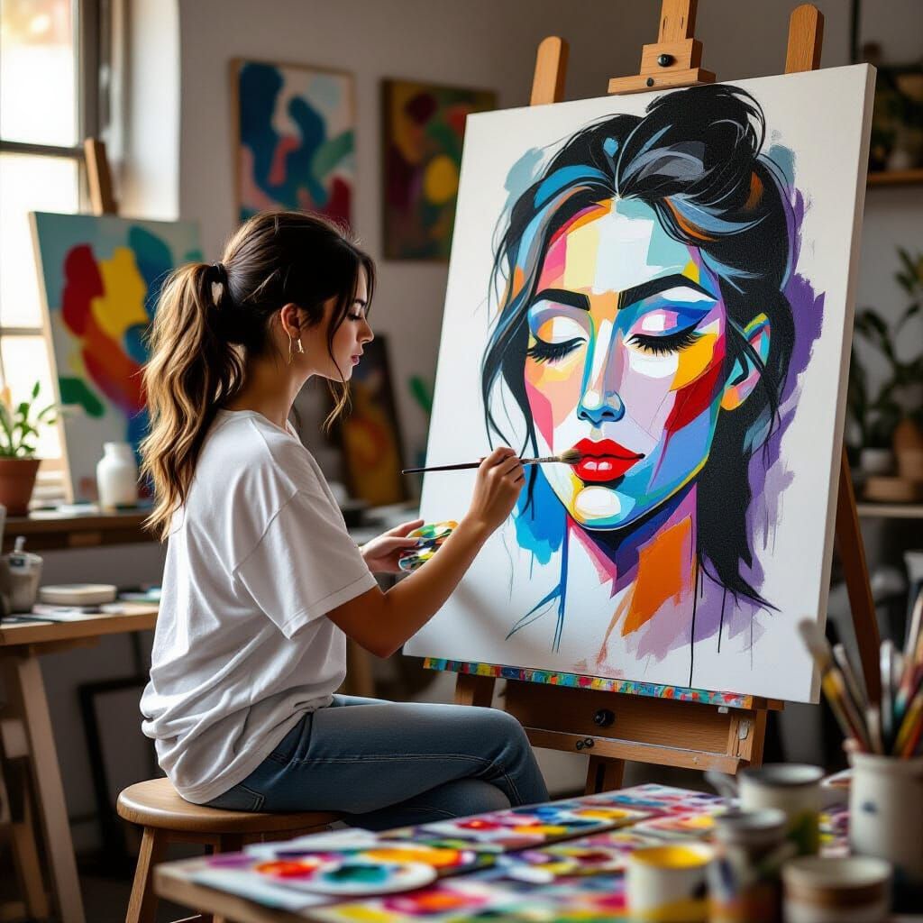 Artist Paints Abstract Portrait in Serene Studio