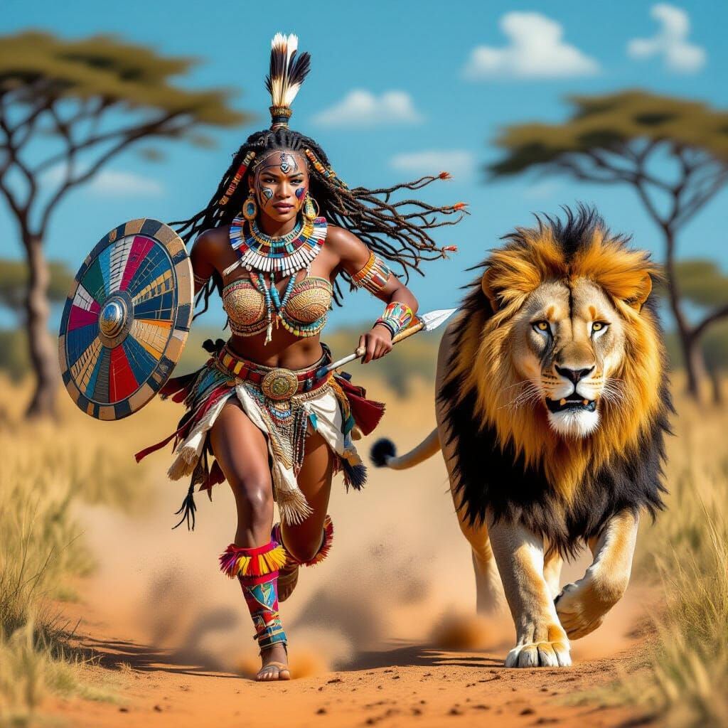 Zulu Warrior Woman Running With Lion in Epic Fantasy Style