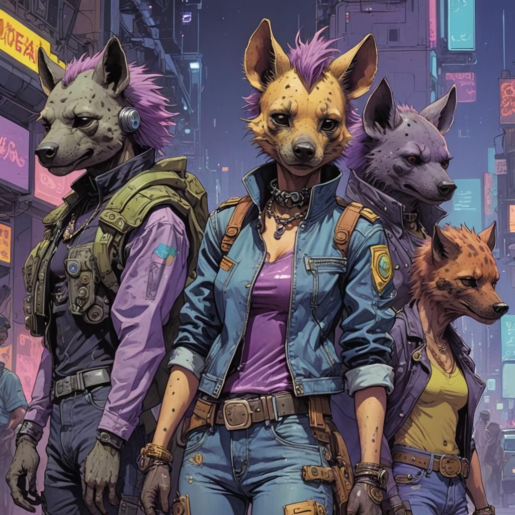Cyberpunk Hyena with Purple Mohawk in Holographic Style