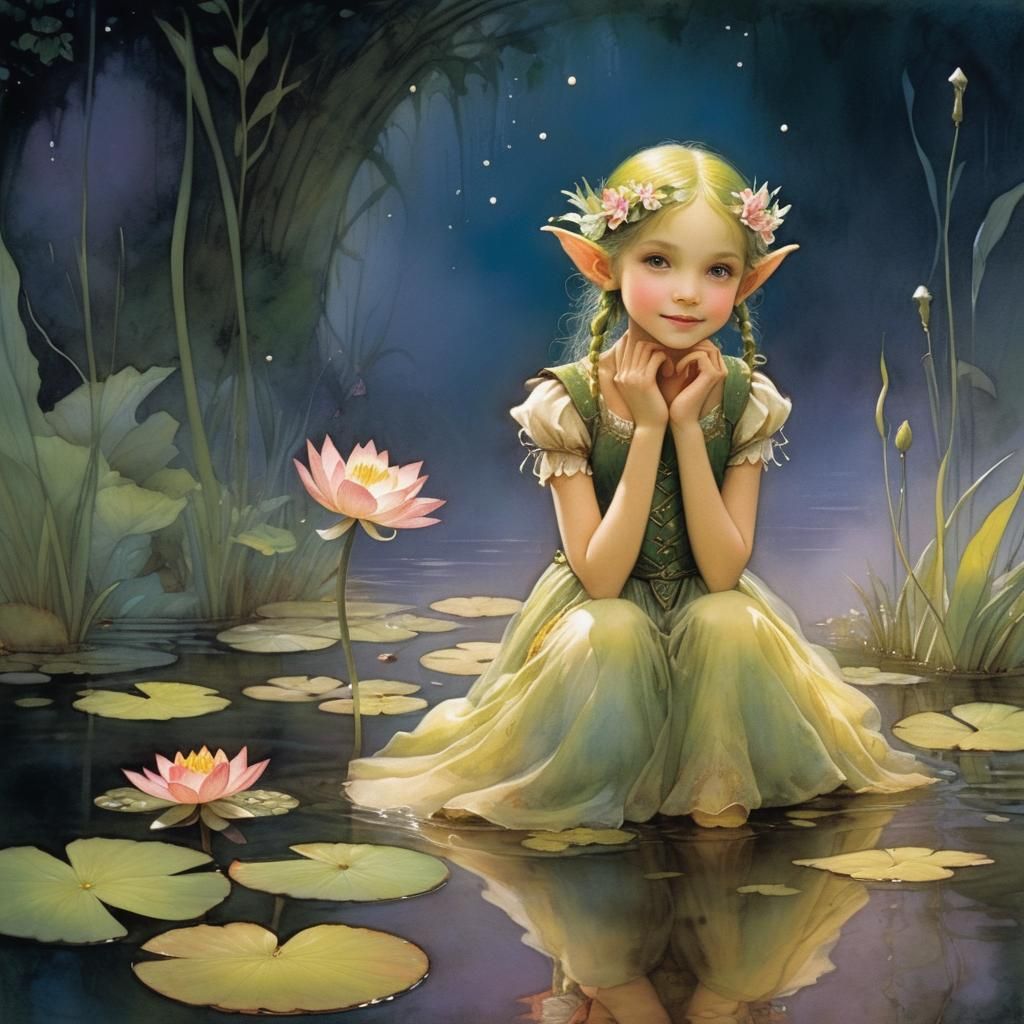 Flower Elf Gazing into Pond Reflection