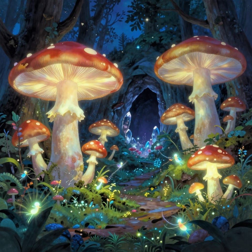 Bioluminescent Fungal Forest with Sprites and Crystal Cave