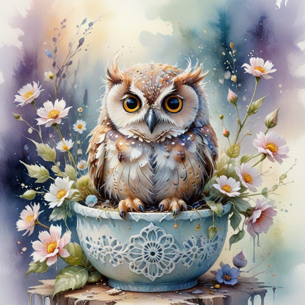 Cute Fluffy Owl in Crochet Pot, Watercolor Painting