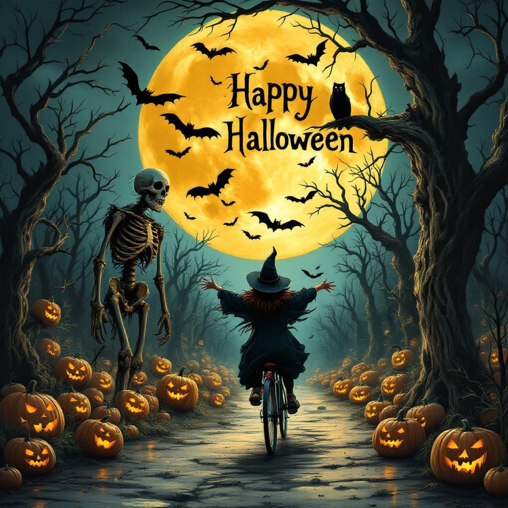 Eerie Halloween Lane with Skeleton and Witch