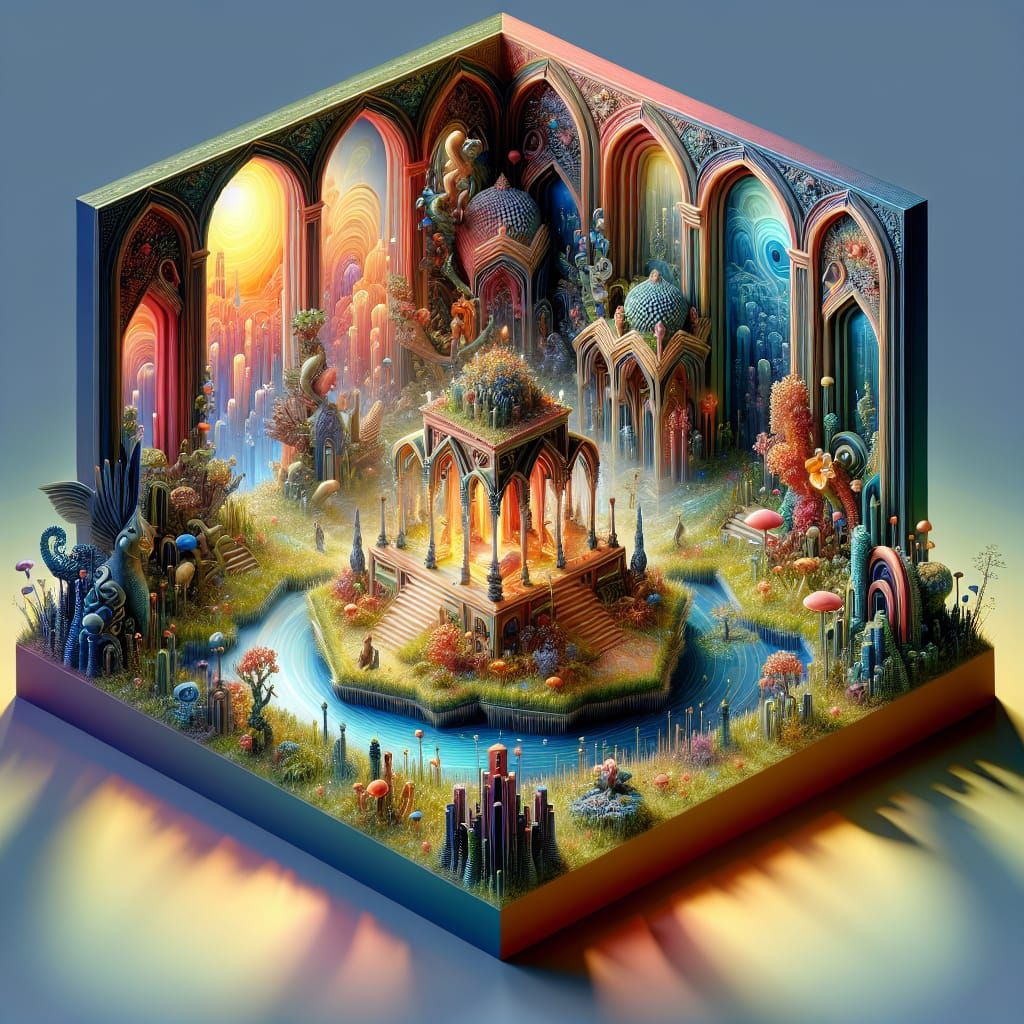 Magical Surreal Realm: 3D Decoupage Art in Isometric Style