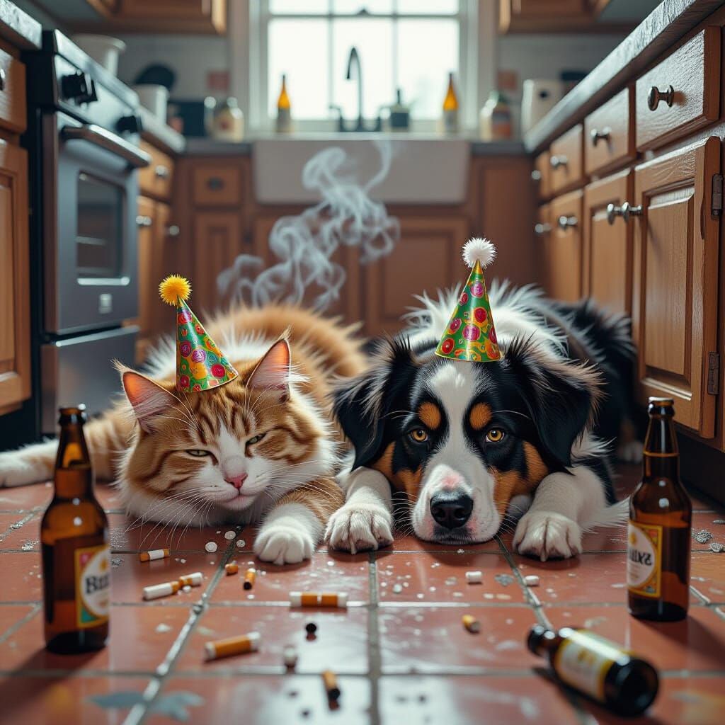 Drunken Cat and Dog in Party Hats, Digital Painting