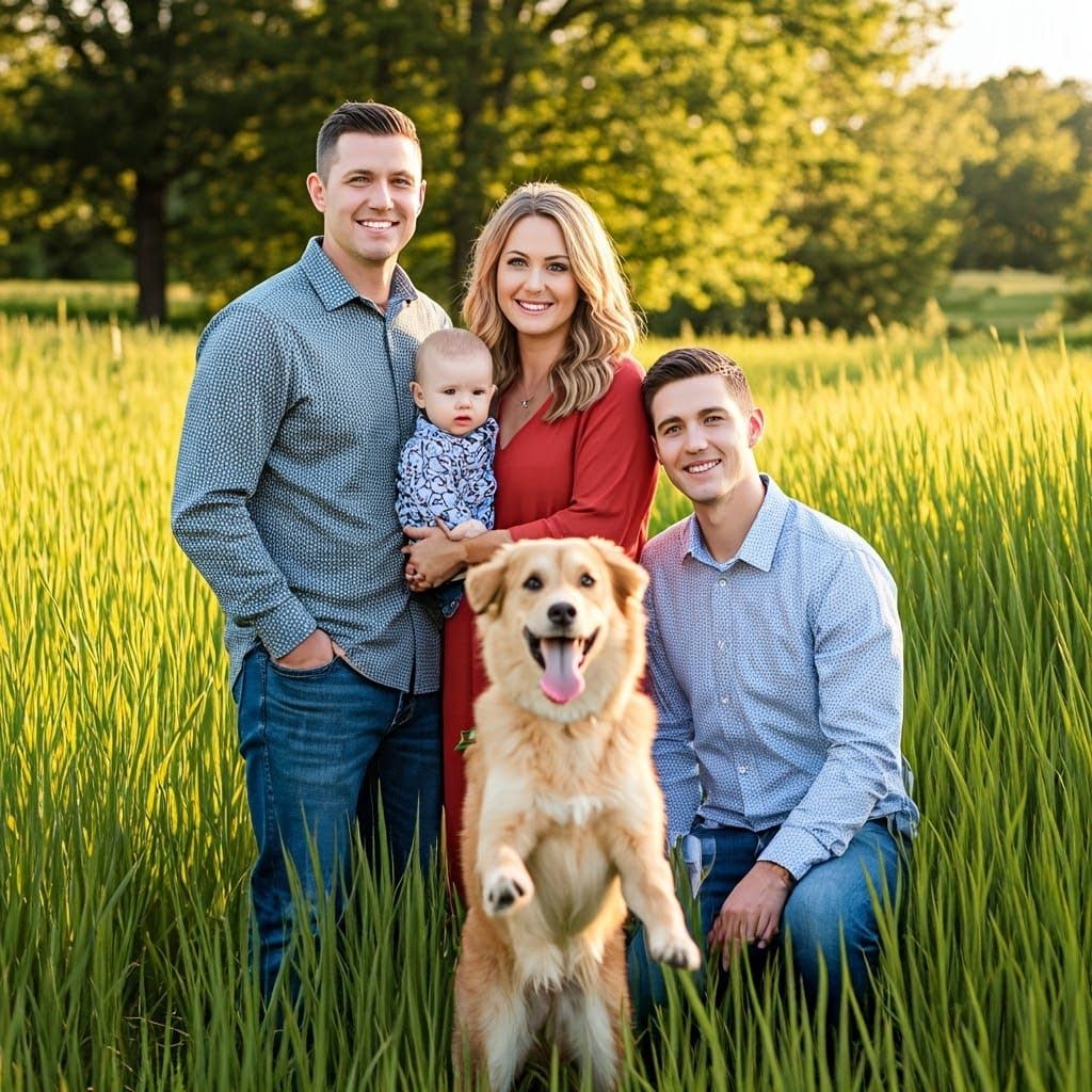 Joyful Family Photo in Lush Meadow
