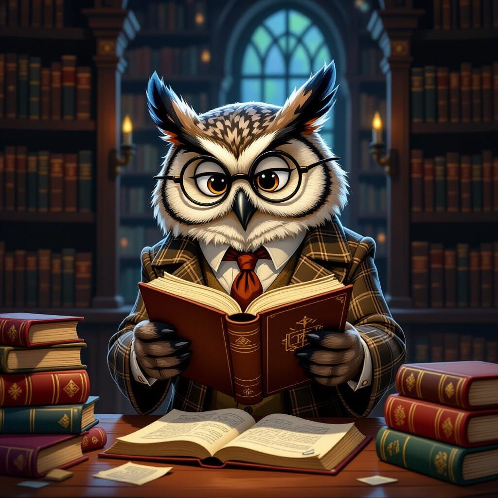 Anthropomorphic Owl Professor Examines Antique Books