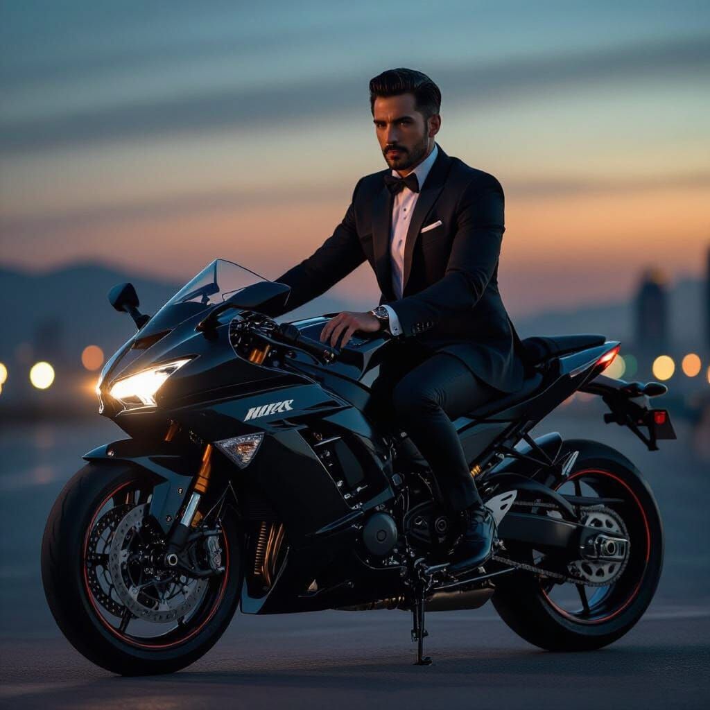 Man on Kawasaki Ninja H2R in Twilight