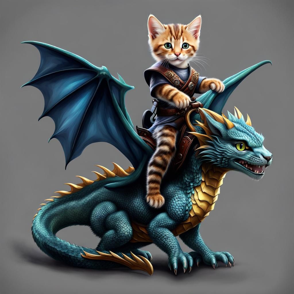 Kitten Rides Dragon in Realistic Style