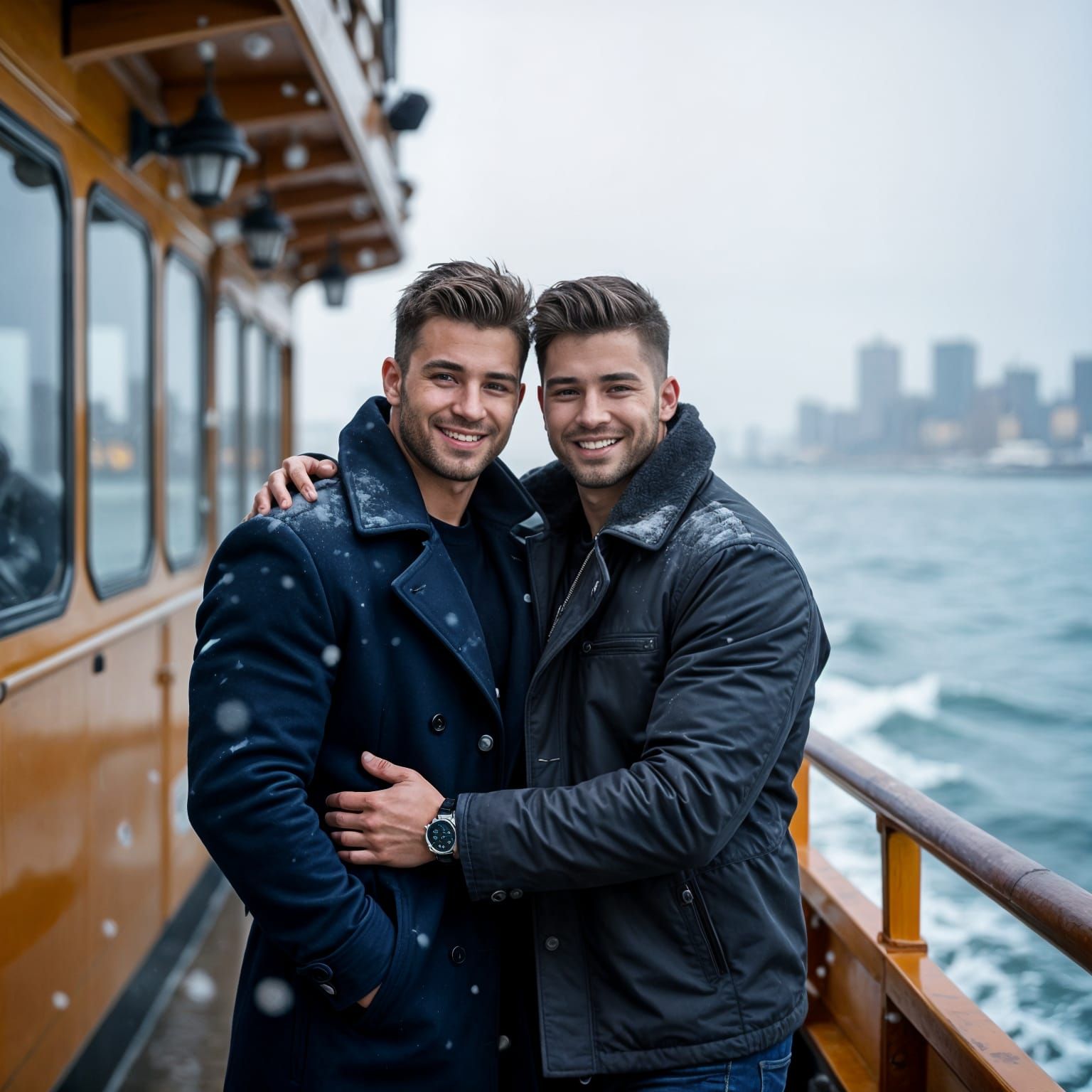 Embracing Couple on Staten Island Ferry in Snowstorm