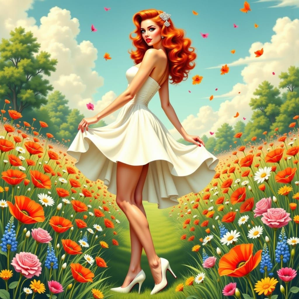 Retro Pin-Up Beauty in Vibrant Floral Paradise