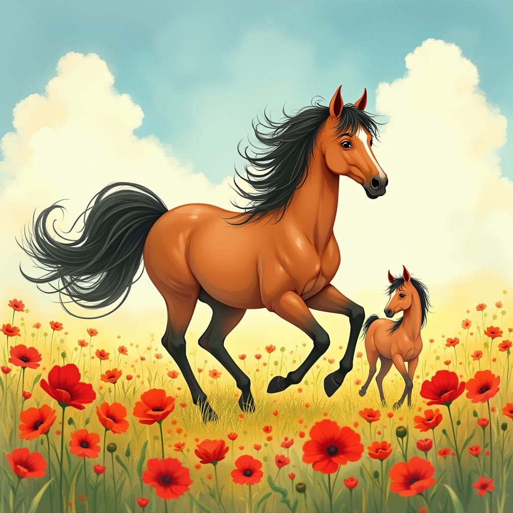 Majestic Horse and Foal Prance Through Vibrant Poppies in An...