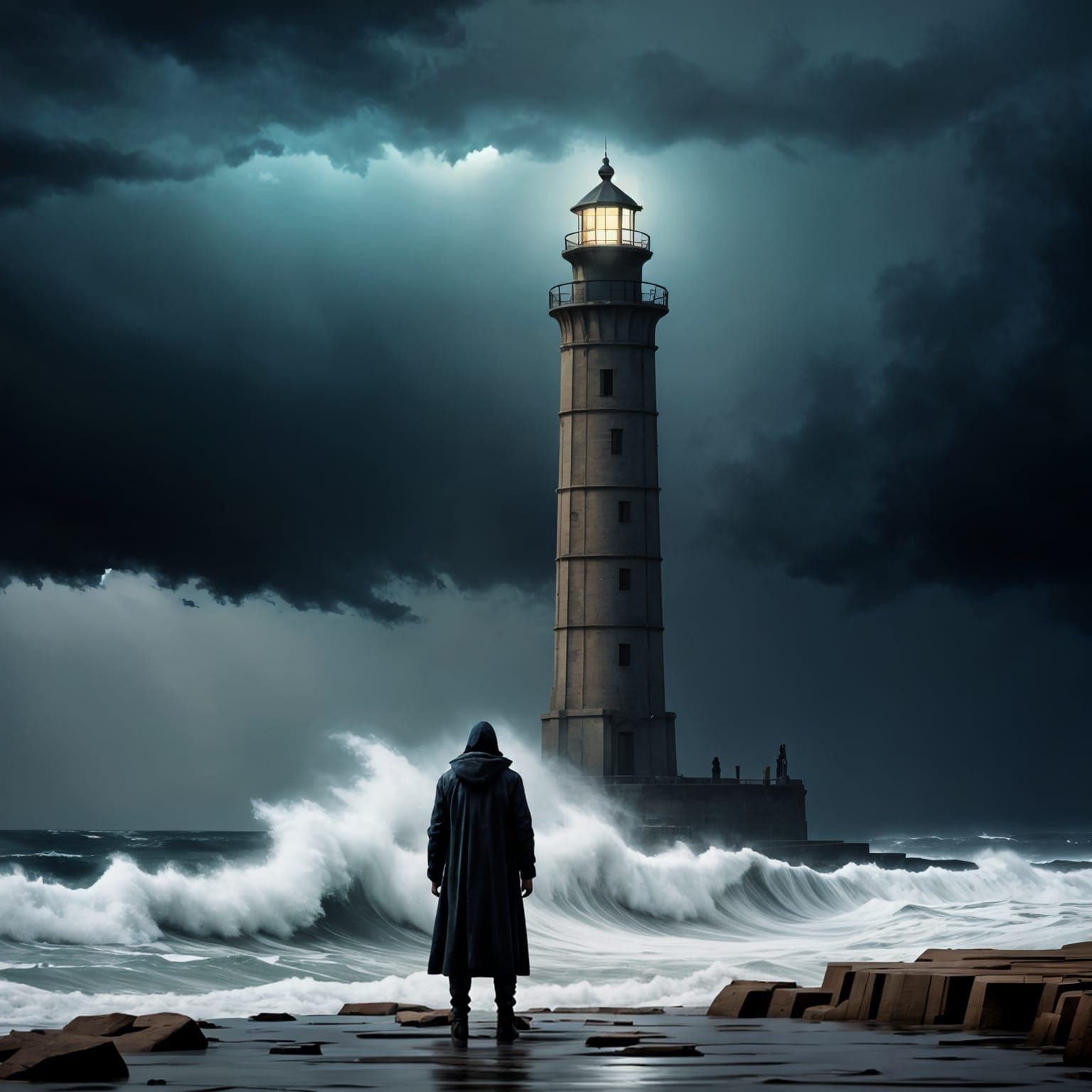 Cyberpunk Lighthouse in Tempest with Huge Waves