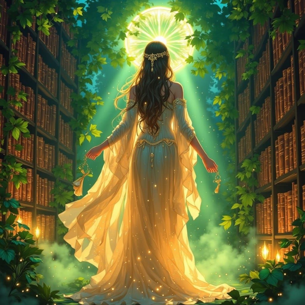 Mystical Goddess of Knowledge in a Dreamlike Library