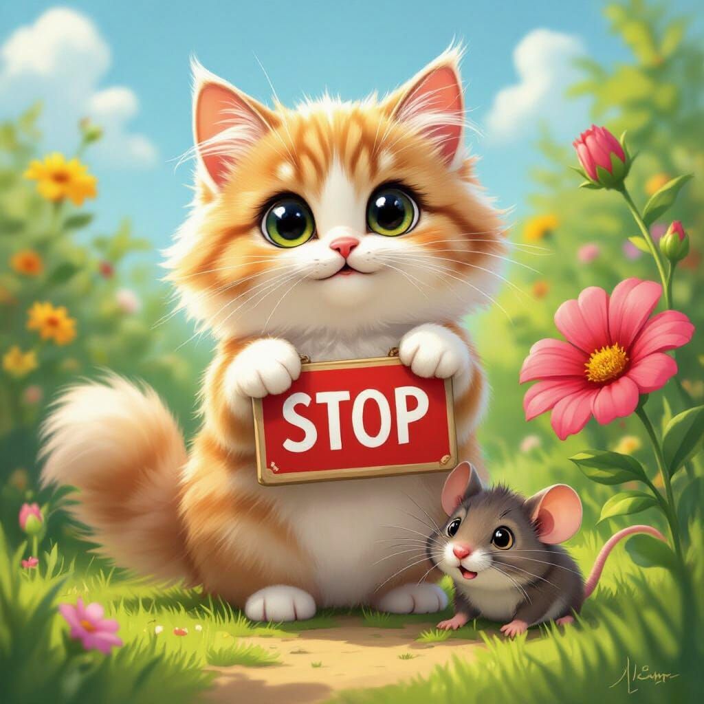 Fluffy Cat Holds Stop Sign Next to Startled Rat