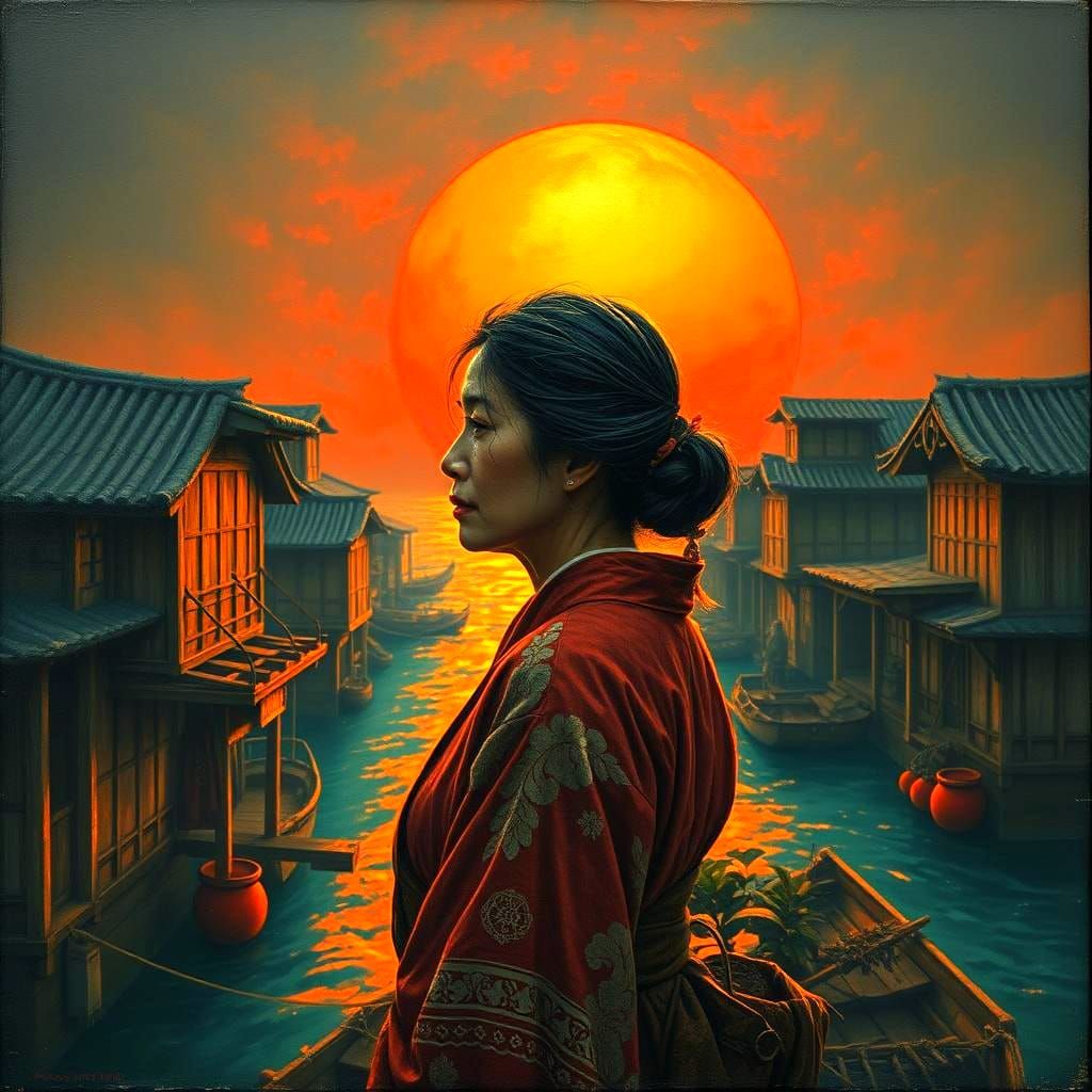Japanese Woman in Village at Sunset as Oil Portrait