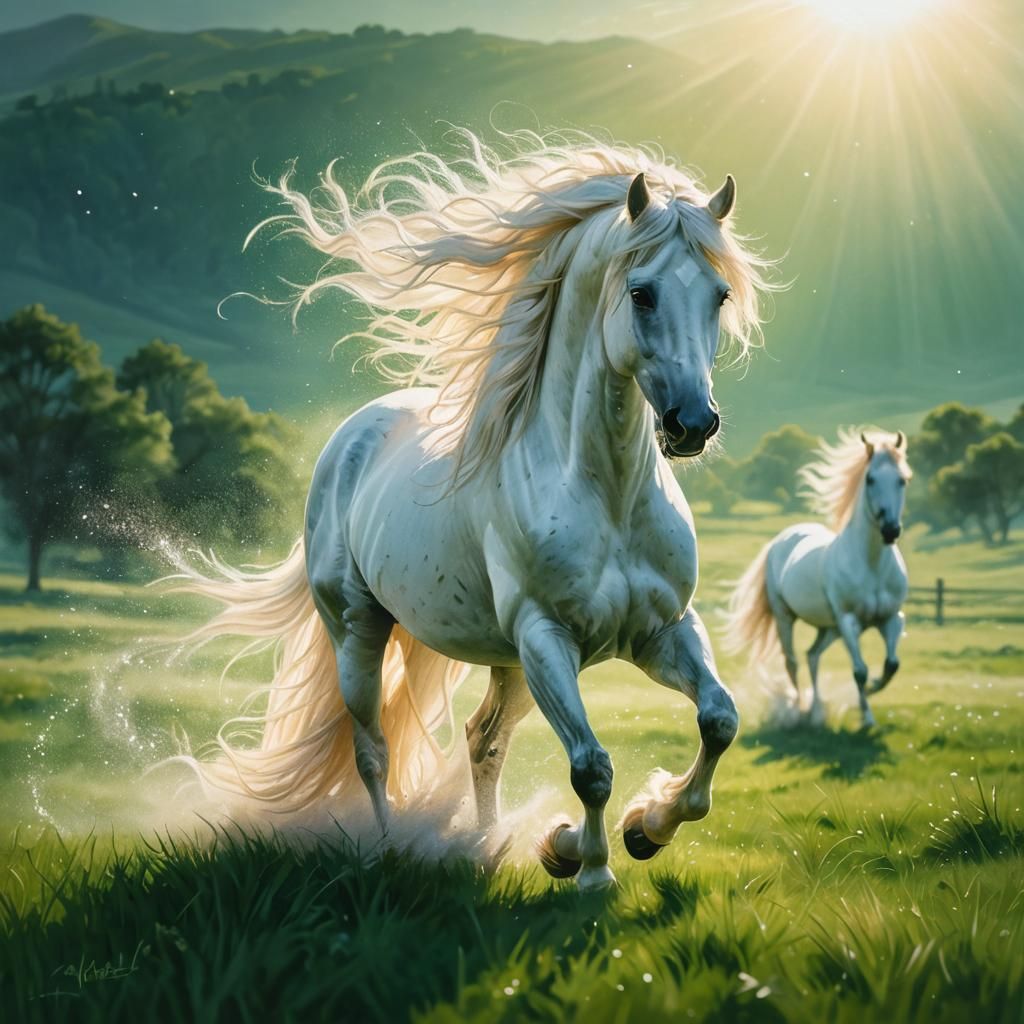 Majestic White Horse Grazing in Sunlight