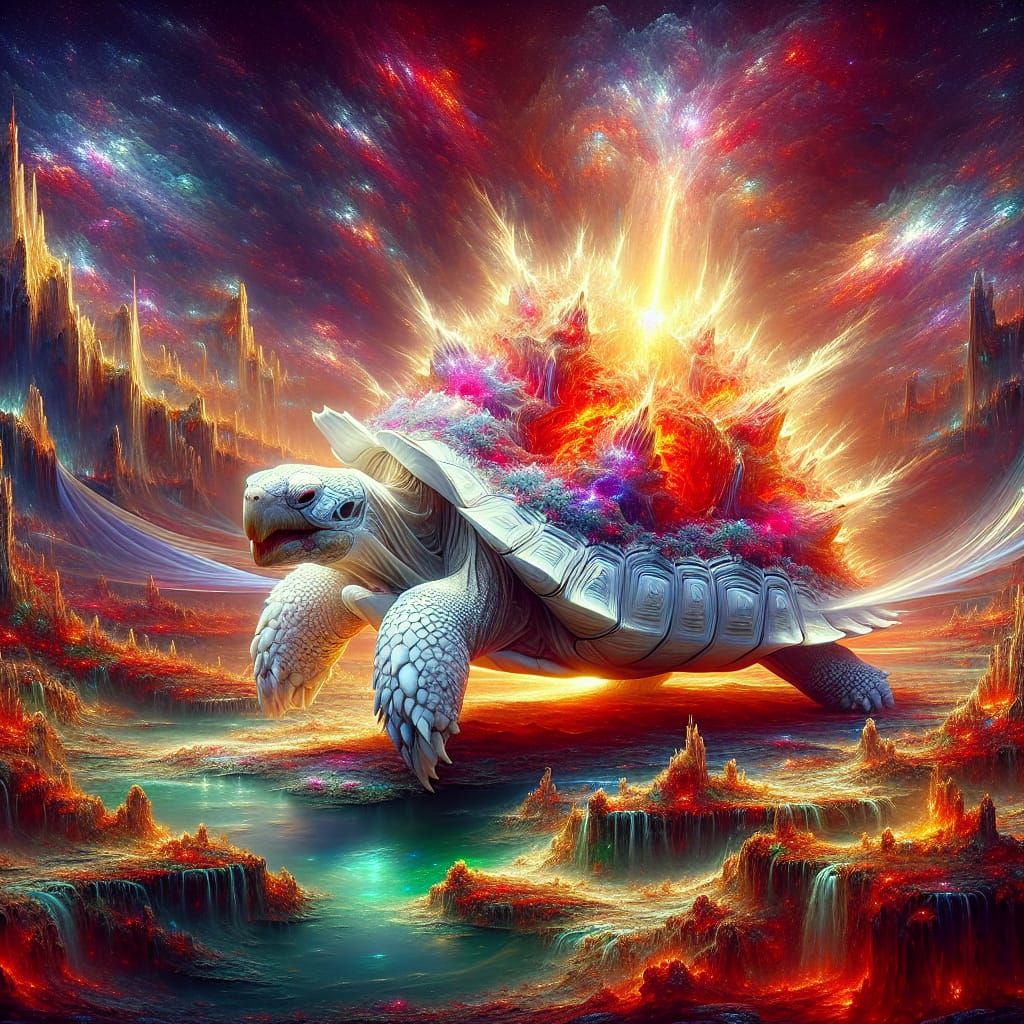 Giant Albino Tortoise with Glowing Shell in Fantasy Landscap...