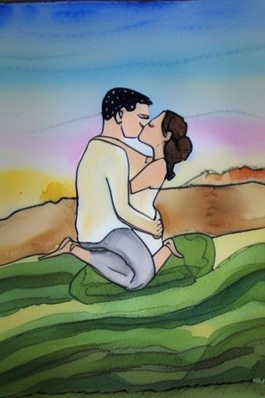 Romantic First Kiss in Watercolor and Ink
