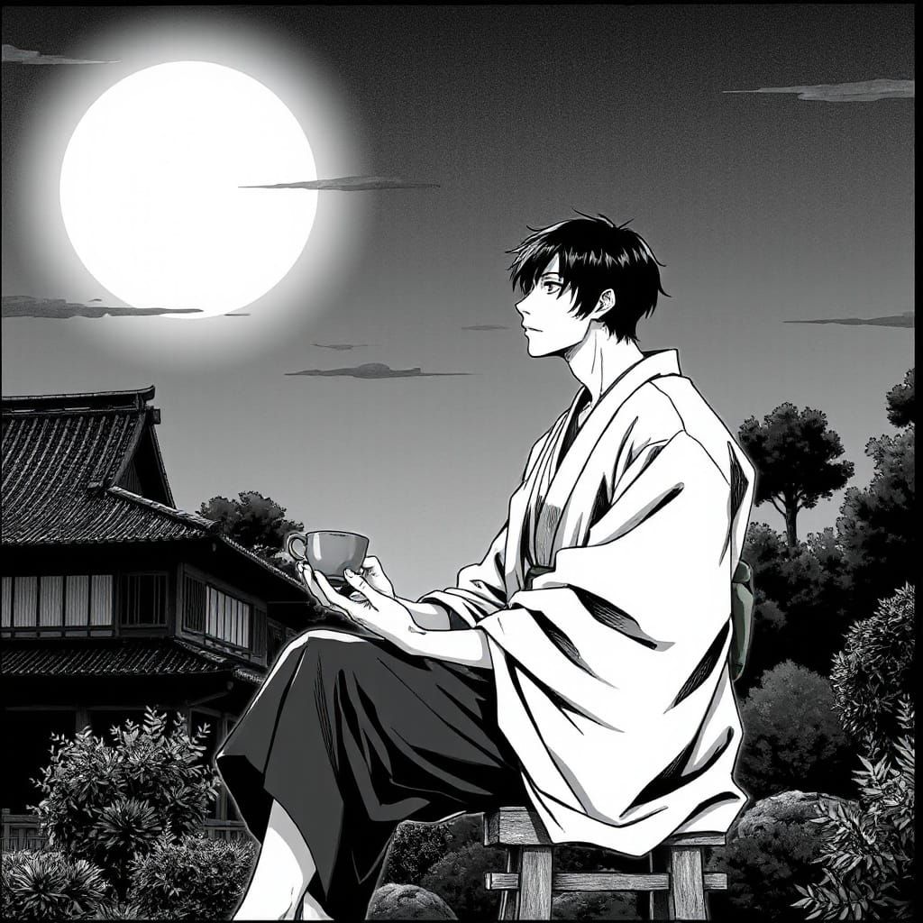 Monochrome Manga Garden Scene: Androgynous Figure Enjoys Moo...