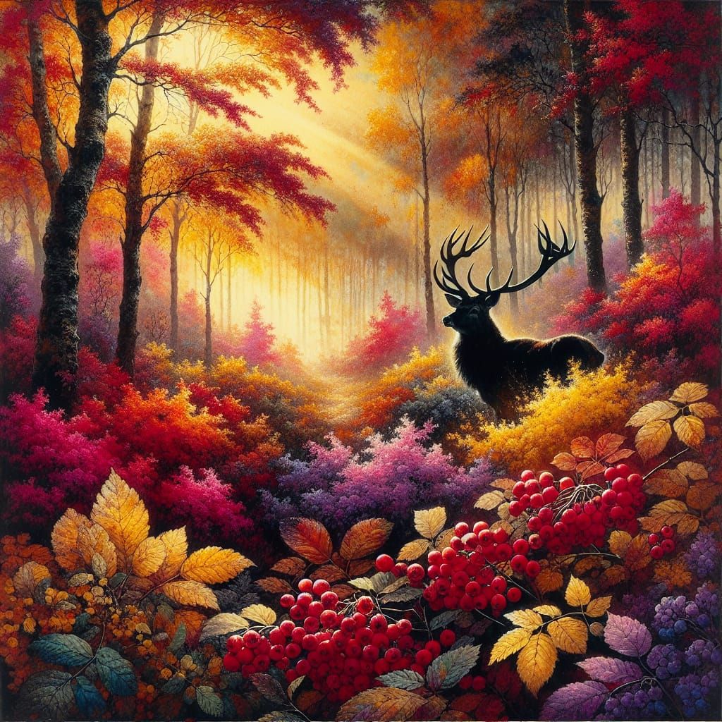 Autumn Forest with Black Stag in Watercolor and Ink