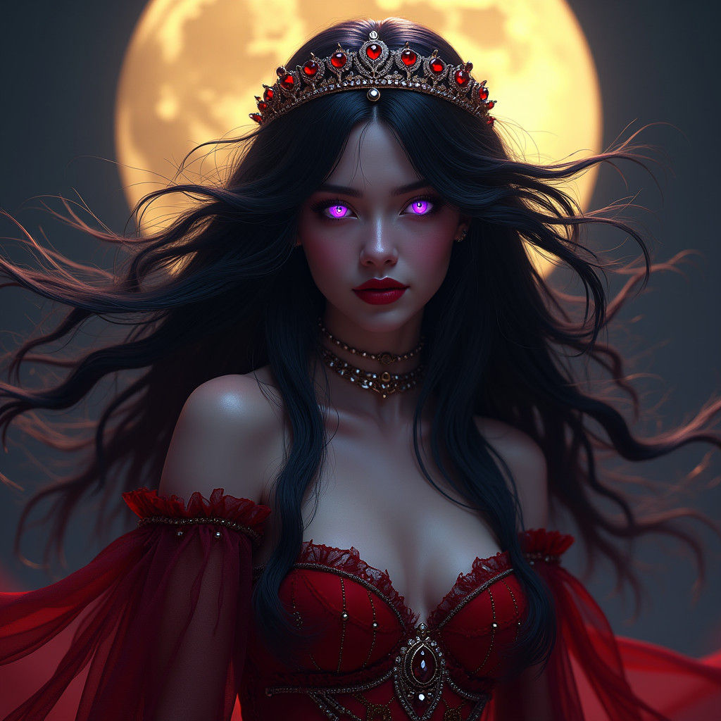 Vampire Queen in Crimson Gown, Art Nouveau Style