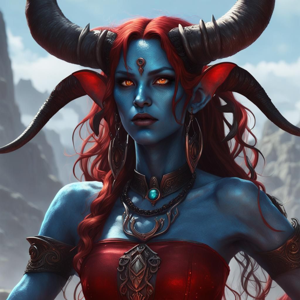 Blue Tiefling Woman in Dark Fantasy Style