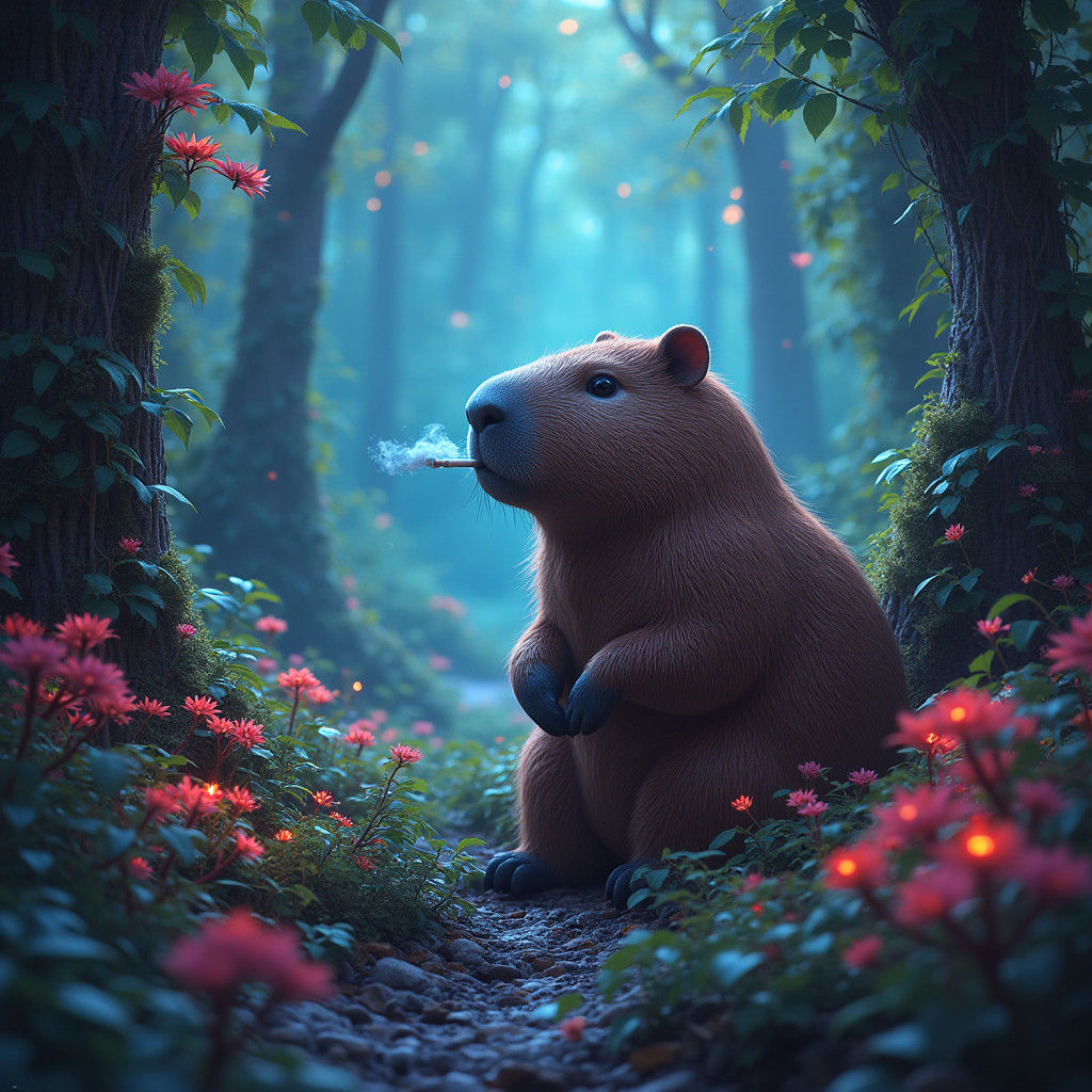 Capybara Smoking in Mystical Glowing Landscape