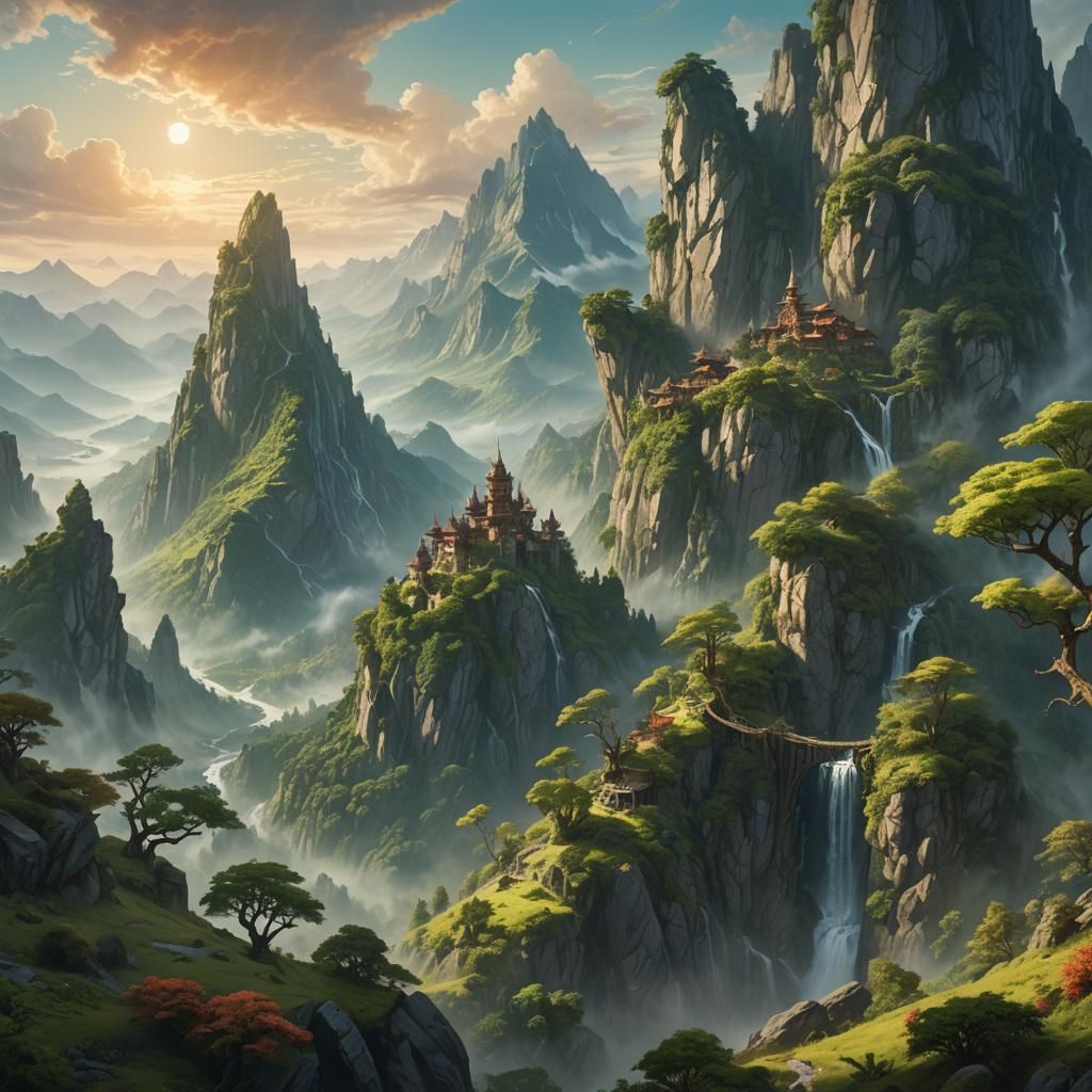 Mystical Mountain Range in Fantasy Landscape