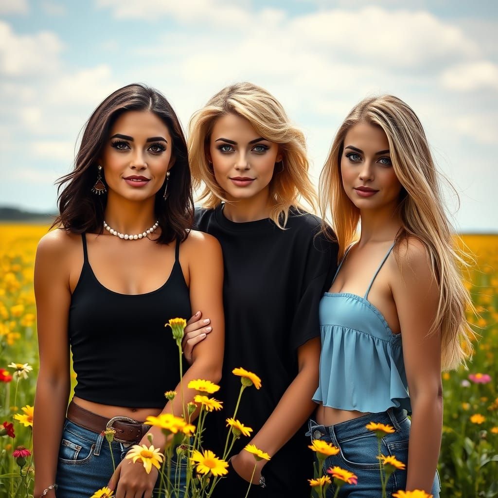 Three Women in Wildflower Field, Hyperrealistic HDR