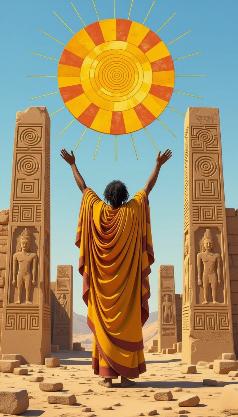 Worshipper Between Pillars Under Radiant Sun