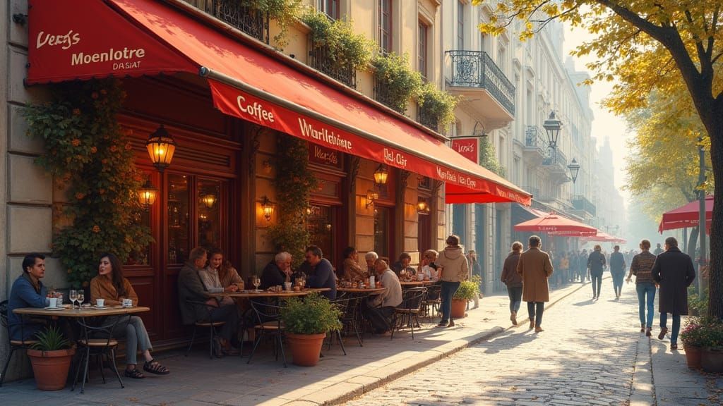 Elegant Parisian Cafe Under Red Awning in St. Germain