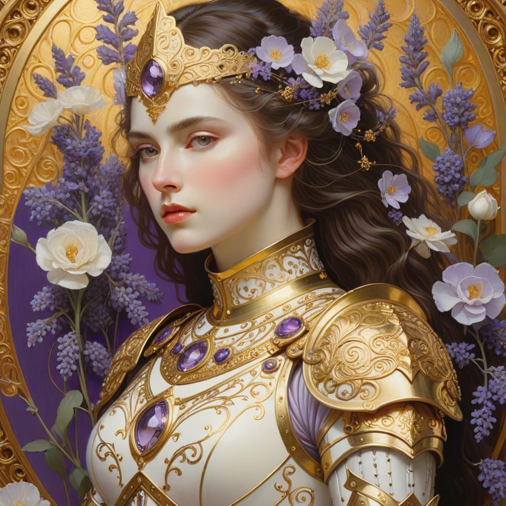 Female Knight in Gold Armor: Symbolist Oil Painting