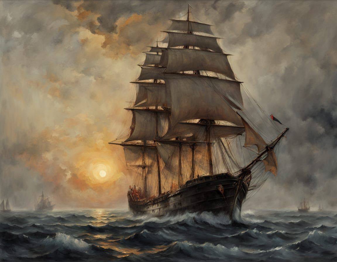 Romantic Merchant Ship at Harbor in Watercolor Oil Style