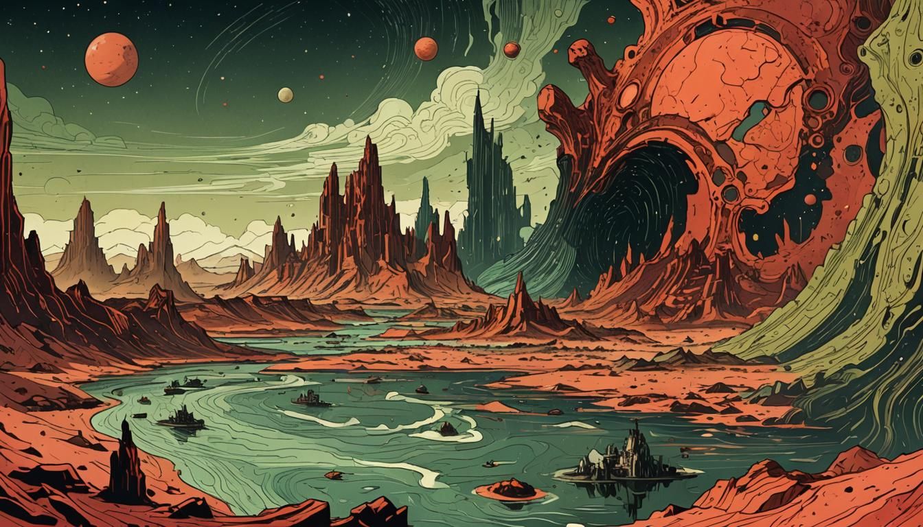 Retrofuturistic Ancient Manuscript Art of Atlantis Cosmic St...