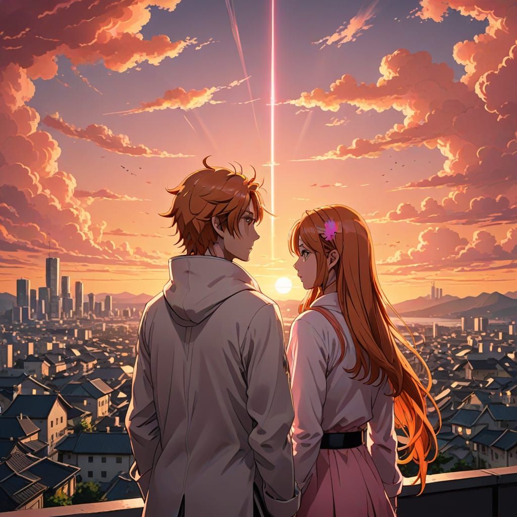 Anime Ichigo and Orihime Stand Back to Back at Sunset