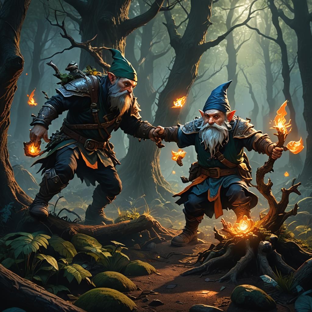 Gnome Fighter vs. Dwalvine Mage in Dark Fantasy Forest