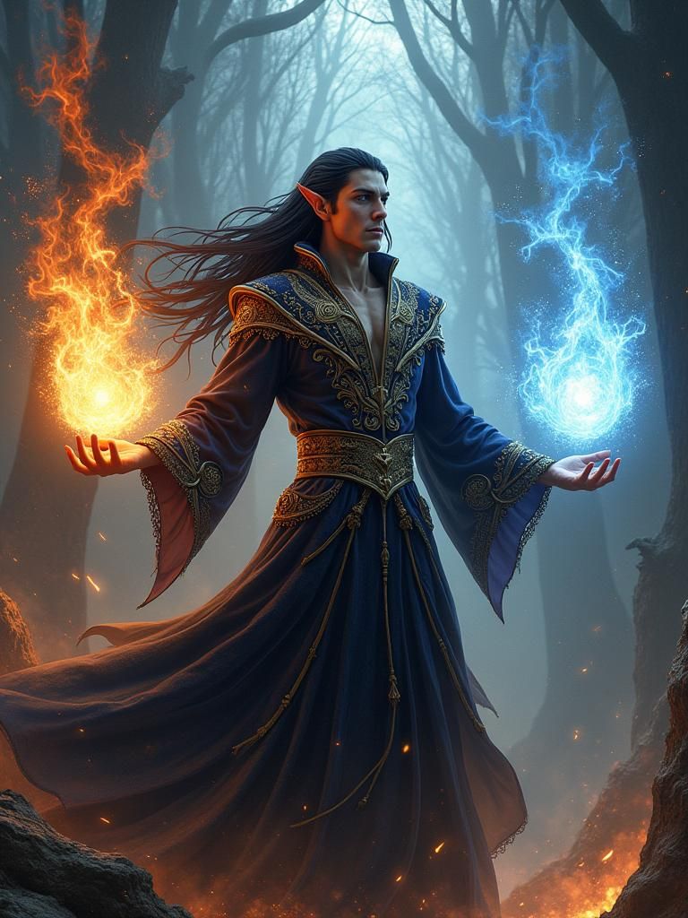 Elf Sorcerer Wielding Ice and Fire Magic