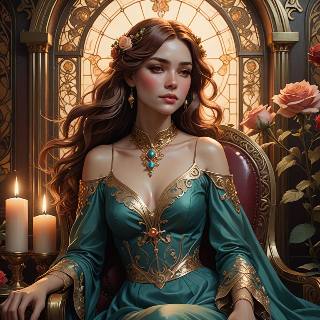 Elegant Woman in Ornate Armchair, Gold-Toned Luxury and Soft...